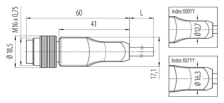 Scale drawing M16 Male cable connector, Contacts: 7 (07-b), unshielded, moulded on the cable, IP67, PUR, black, 8 x 0.25 mm², 5 m