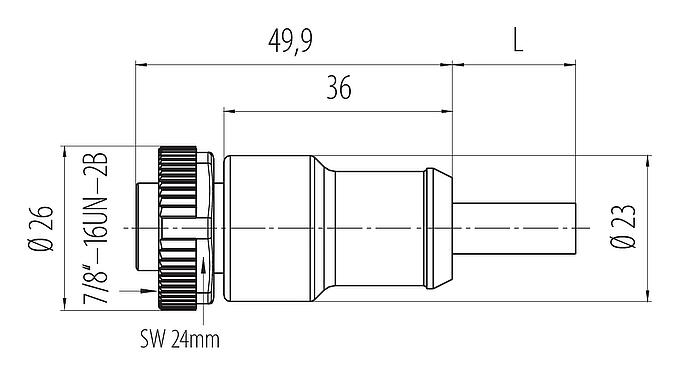 Dessin coté 7/8" Connecteur femelle, Contacts: 3, non blindé, surmoulé sur le câble, IP68, UL 2238, PUR, noir, 3 x 1,50 mm², 10 m