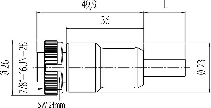 Maßzeichnung 7/8" Kabeldose, Polzahl: 5, ungeschirmt, am Kabel angespritzt, IP68, UL 2238, PUR, schwarz, 5 x 1,50 mm², 10 m