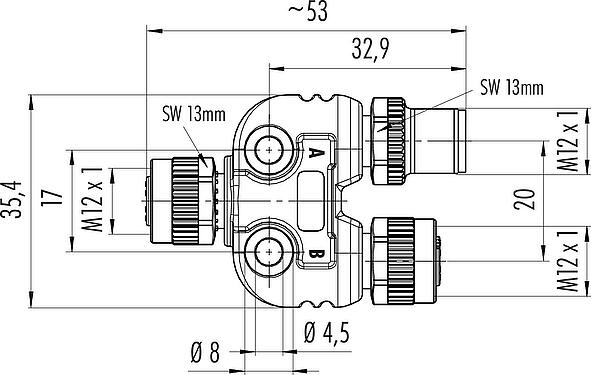 Maßzeichnung M12 Zweifachverteiler, Y-Verteiler, Stecker - 2 Dosen, Polzahl: 4, ungeschirmt, steckbar, IP68, UL 2238