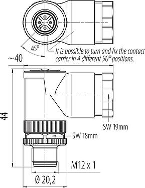 Scale drawing M12 Male angled connector, Contacts: 4, 2.1-3.0 mm (2 cable) or 4-5 mm (2 cable), unshielded, screw clamp, IP67, UL 2238