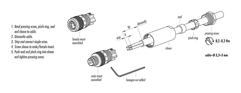 Assembly instructions M8 Male cable connector, Contacts: 3, 3.5-5.0 mm, unshielded, screw clamp, IP67, UL 2238
