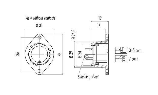 Schaaltekening Bajonet Female panel mount connector, aantal polen: 7, schermbaar, soldeer, IP40, Frontaansluiting