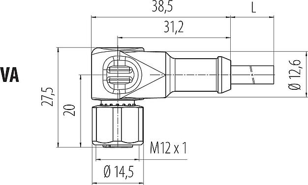 Desenho da escala M12 Tomada angular, Contatos: 4, desprotegido, moldado no cabo, IP68/IP69K, UL 2238, PVC, cinza, 4 x 0,34 mm², Aço inoxidável, 2 m