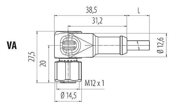 Bản vẽ tỷ lệ M12 Ổ cắm bẻ góc, Số lượng cực : 4, không có chống nhiễu, ép phun vào dây cáp, IP68/IP69K, UL 2238, PUR, màu đen, 4x0,34mm², với ĐÈN LED PNP, Tthép không gỉ, 2m