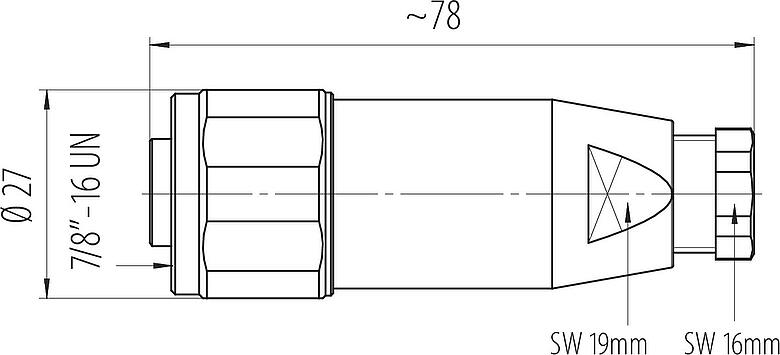 Disegno in scala 7/8" Connettore cavo femmina, Numero poli: 2+PE, 6,0-8,0 mm, non schermato, morsetto a vite, IP67, UL 2238, VDE