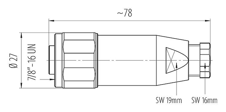 Maßzeichnung 7/8" Kabeldose, Polzahl: 2+PE, 6,0-8,0 mm, ungeschirmt, schraubklemm, IP67, UL 2238, VDE