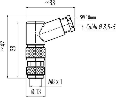 스케일 드로잉 M8 각진 소켓, 콘택트 렌즈: 3, 3.5-5.0mm, 차폐되지 않음, 나사 클램프, IP67, UL 2238