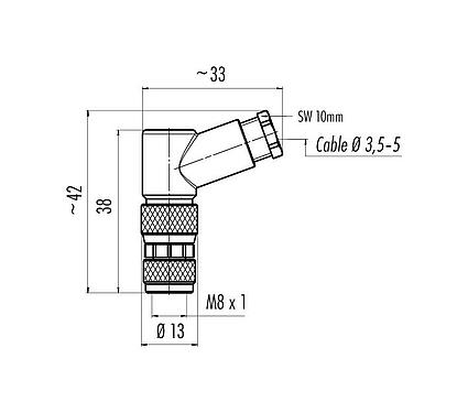 Disegno in scala M8 Connettore angolare femmin, Numero poli: 4, 3,5-5,0 mm, non schermato, morsetto a vite, IP67, UL 2238
