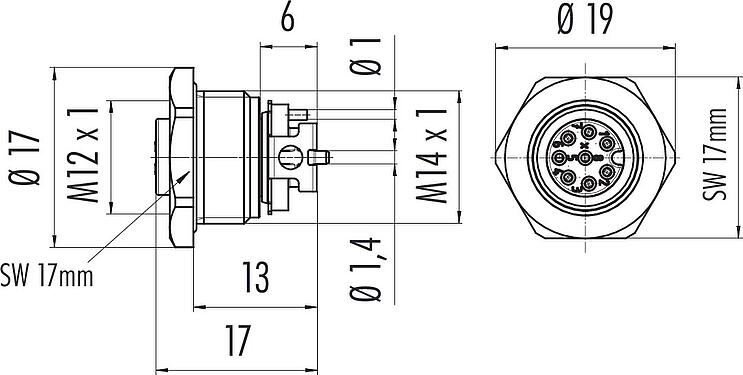 Dessin coté M12 Embase femelle, Contacts: 8, non blindé, SMT, IP67, M14x1,0, Montage frontal