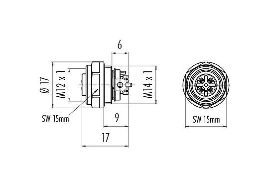 Schaaltekening 99 4432 401 04 - M12 Female panel mount connector, aantal polen: 4, schermbaar, SMT, IP67, voor SMT