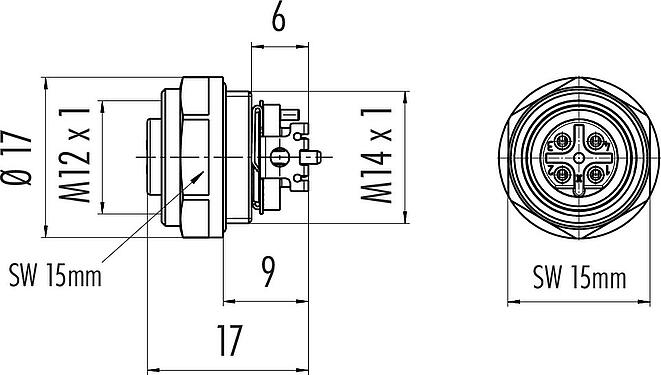 Scale drawing M12 Female panel mount connector, Contacts: 4, shieldable, SMT, IP67, M14x1.0, Front mounting