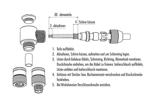 Montageanleitung 99 3366 00 04 - M8 Winkeldose, Polzahl: 4, 3,5-5,0 mm, schirmbar, löten, IP67, UL