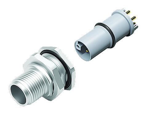 Illustrazione M12 Connettore maschio a flangia, Numero poli: 4+FE, non schermato, THR, IP67, UL 2238, M16x1,5, Montaggio su panello posteriore