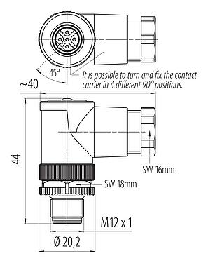 Méretarányos rajz M12 derékszögű csatlakozó, : 5, 6,0-8,0 mm, árnyékolatlan, csavaros bilincs, IP67, UL 2238