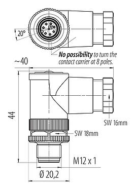 比例图 M12 弯角针头电缆连接器, 极数: 8, 6.0-8.0mm, 非屏蔽, 螺钉接线, IP67, UL 2238