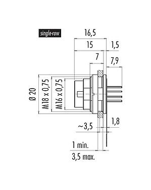 Výkres v měřítku M16 Přírubová zátka, : 12 (12-a), nestíněný, THT, IP67, M18x0,75, Montáž na zadní stěnu