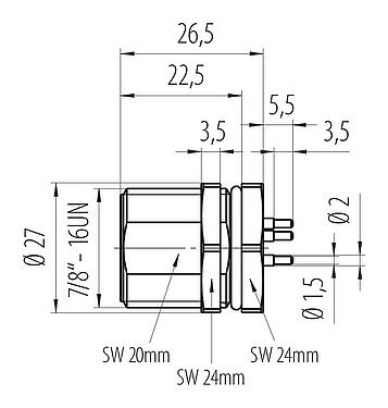 Schaaltekening 7/8" Male panel mount connector, aantal polen: 4, onafgeschermd, THT, IP68, UL 2238, VDE, Achterwandmontage, gegoten