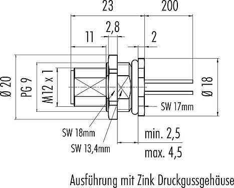 Maßzeichnung M12 Flanschstecker, Polzahl: 5, ungeschirmt, Litzen, IP68, UL 2238, PG 9, Rückwandmontage