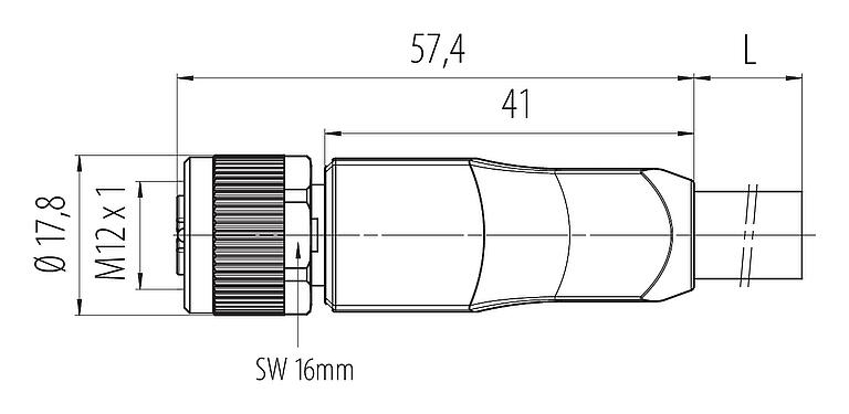 Mittakaavapiirustus M12 Kaapelirasia, Napojen määrä: 4+PE, suojaamaton, suihkutettu kaapelille, IP68, UL 2238, PUR, musta, 5 x 2,50 mm², 5 m