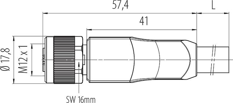比例图 M12 直头孔头电缆连接器, 极数: 4+PE, 非屏蔽, 预铸电缆, IP68, UL 2238, PUR, 黑色, 5x2.50mm², 2m