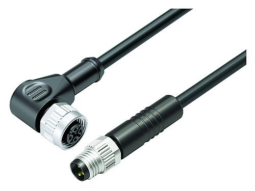 Illustration M12/M8 Connecteur mâle - connecteur d‘angle femelle, Contacts: 3, non blindé, surmoulé sur le câble, IP67/IP69K, UL 2238, PUR, noir, 3 x 0,34 mm², 2 m