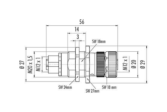 Desenho da escala 09 5246 00 04 - M12 Passagem para cabine de controle, Contatos: 4, blindado, plugáveis, IP67, UL