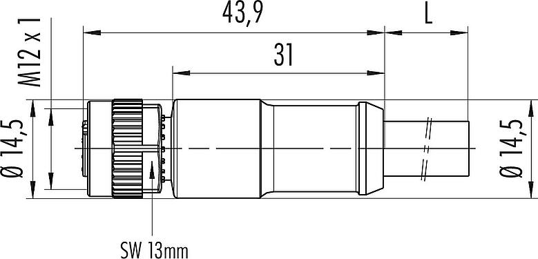 Méretarányos rajz M12 kábel aljzat, : 4, árnyékolatlan, kábelre öntött, IP68, PUR, fekete, 4 x 1,50 mm², 5 m