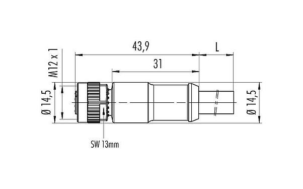 比例圖 M12 直頭孔頭電纜連接器, : 4, 非遮罩, 預鑄電纜, IP68, PUR, 黑色, 4x1.50mm², 5m
