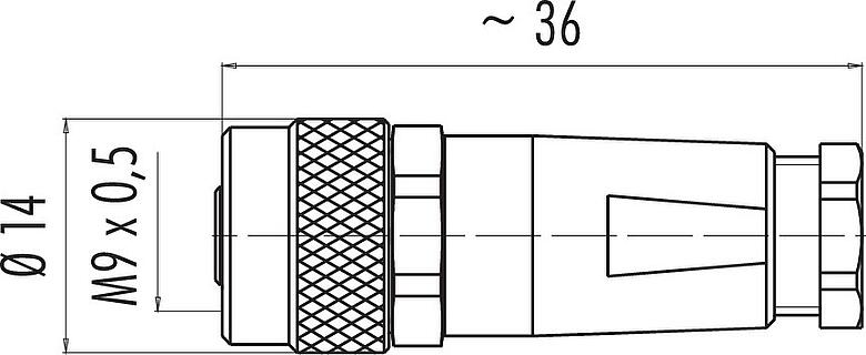 스케일 드로잉 M9 케이블 소켓, 콘택트 렌즈: 3, 3.5-5.0mm, 차폐 가능, 솔더, IP67, 차폐 커프 포함