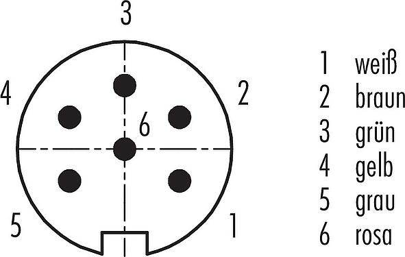 Polbild (Steckseite) M16 Flanschstecker, Polzahl: 6 (06-a), ungeschirmt, Litzen, IP40, M18x0,75, Rückwandmontage