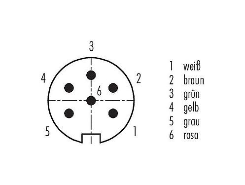 Polbild (Steckseite) M16 Flanschstecker, Polzahl: 6 (06-a), ungeschirmt, Litzen, IP40, M18x0,75, Rückwandmontage