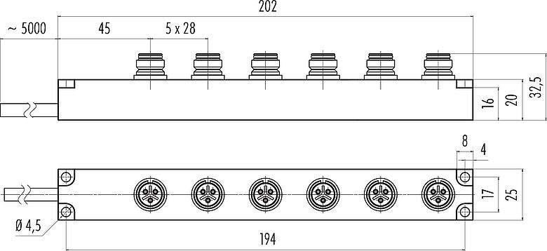 Dessin coté Snap-In Distributeur 6 voies, Contacts: 5, non blindé, surmoulé sur le câble, IP67, 5 x 0.75 mm²
