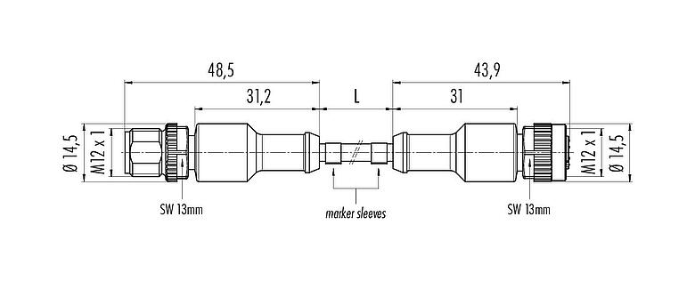 Schaaltekening M12 Verbindingskabel kabelstekker - kabeldoos, aantal polen: 3, onafgeschermd, aan de kabel aangegoten, IP67/IP69K, UL 2238, PUR, zwart, 3 x 0,34 mm², 5 m