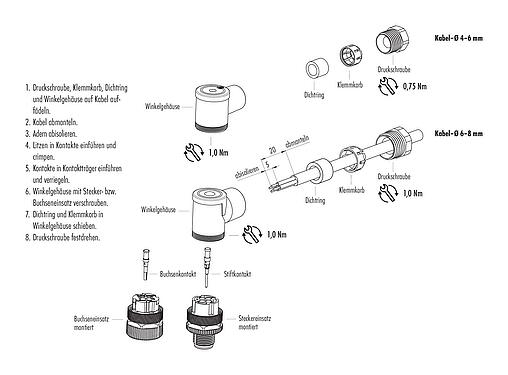 Montageanleitung M12 Winkeldose, Polzahl: 4, 4,0-6,0 mm, ungeschirmt, crimpen (Crimpkontakte müssen separat bestellt werden), IP67, UL 2238