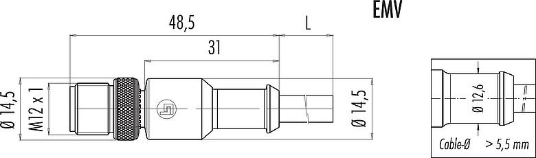 Schaaltekening M12 Kabelstekker, aantal polen: 8, afgeschermd, aan de kabel aangegoten, IP67, UL 2238, PVC, grijs, 8 x 0,25 mm², 5 m