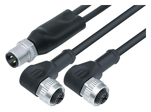 Abbildung M12 Kabelsplitter Kabelstecker - 2 Winkeldosen, Polzahl: 4/3, ungeschirmt, am Kabel angespritzt, IP68, UL 2238, PUR, schwarz, 3 x 0,34 mm², 1 m