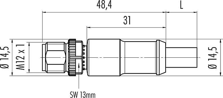縮尺図 M12 オスコネクタケーブル, 極数: 5, シールド, モールドケーブル付き, IP68, UL 2238, CAN-Bus, PUR, パープル, 1x2xAWG 22+1x2xAWG 24, 2m