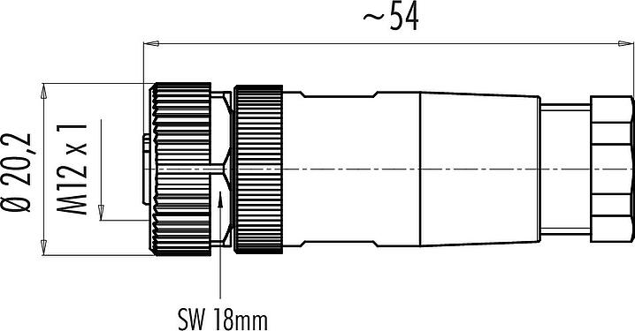 Scale drawing M12 Female cable connector, Contacts: 4, 6.0-8.0 mm, unshielded, wire clamp, IP67