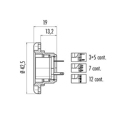 Scale drawing M25 Female panel mount connector, Contacts: 3, shieldable, solder, IP40, Front mounting