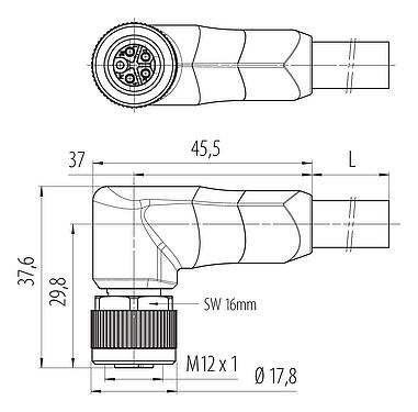 Mittakaavapiirustus M12 Kulmarasia, Napojen määrä: 4+PE, suojaamaton, suihkutettu kaapelille, IP68, UL 2238, PUR, musta, 5 x 2,50 mm², 5 m