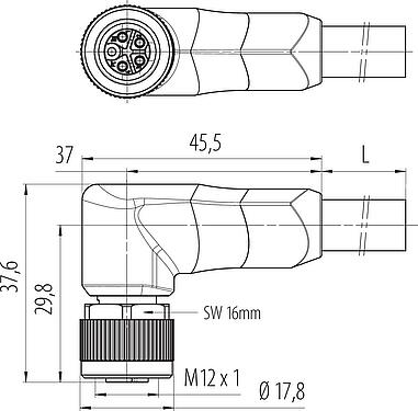 比例图 M12 弯角孔头电缆连接器, 极数: 4+PE, 非屏蔽, 预铸电缆, IP68, UL 2238, PUR, 黑色, 5x2.50mm², 5m