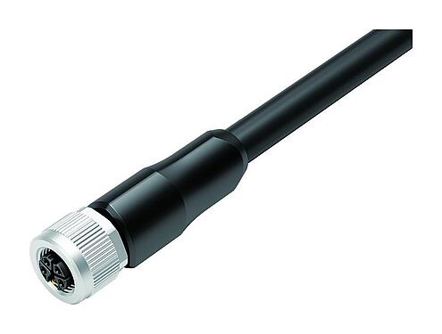 Kuva M12 Kaapelirasia, Napojen määrä: 4+PE, suojaamaton, suihkutettu kaapelille, IP68, UL 2238, PUR, musta, 5 x 2,50 mm², 5 m