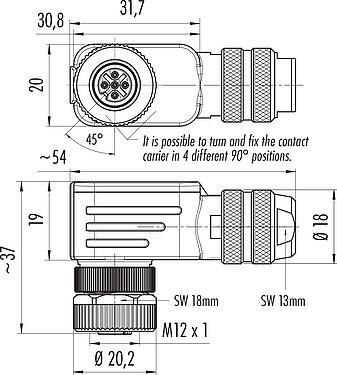 Scale drawing M12 Female angled connector, Contacts: 5, 4.0-6.0 mm, shieldable, screw clamp, IP67, UL 2238, with shielding ring