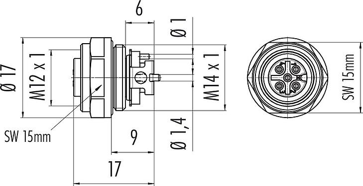 Scale drawing M12 Female panel mount connector, Contacts: 5, unshielded, SMT, IP67, M14x1.0, Front mounting