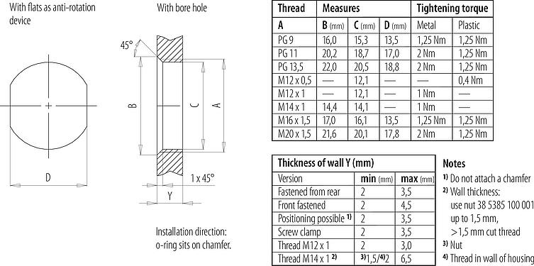 Assembly instructions / Panel cut-out M12 Male panel mount connector, Contacts: 5, unshielded, screw clamp, IP67, UL 2238, M20x1.5, Front mounting, for the power supply