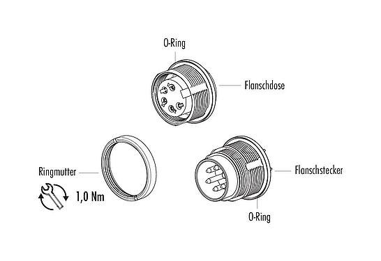 Einzelteildarstellung M16 Flanschdose, Polzahl: 2 (02-a), ungeschirmt, THT, IP67, UL 2238, M18x0,75, Rückwandmontage
