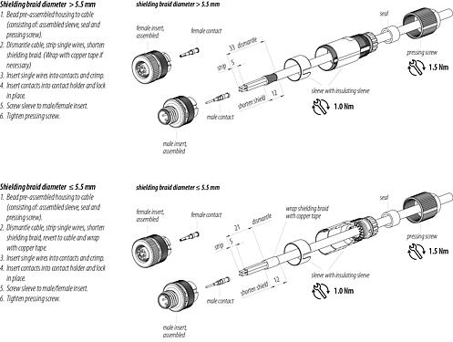 Kokoonpano-ohjeet M12 Kaapelipistoke, Napojen määrä: 4, 5,0-8,0 mm, suojattavissa, puristusliittäminen (puristusliitoskoskettimet on tilattava erikseen), IP67, UL 2238