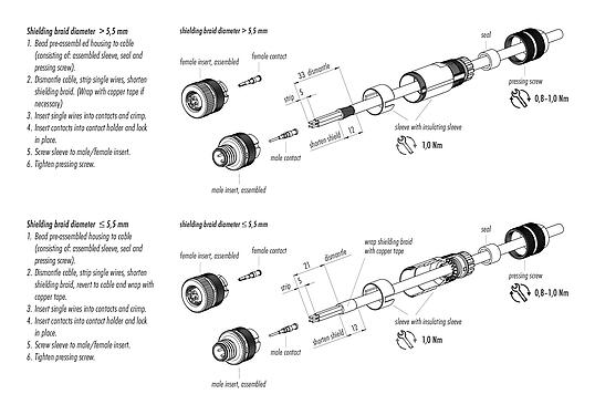 Instrução de montagem 99 1433 814 04 - M12 Plugue de cabo, Contatos: 4, 5,0-8,0 mm, blindável, crimpado (os contactos de crimpdevem ser encomendados separadamente), IP67, UL