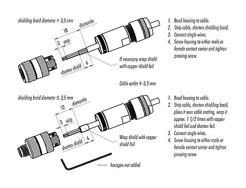 Assembly instructions M8 Male cable connector, Contacts: 4, 4.0-5.5 mm, shieldable, screw clamp, IP67, iris spring